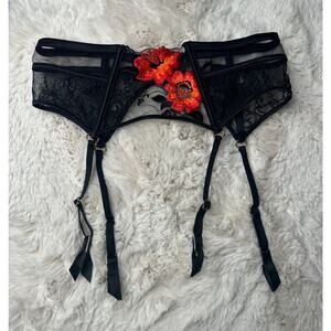 Honey Birdette CHELSEA🖤 Black Red Floral Garter Suspender Belt Small